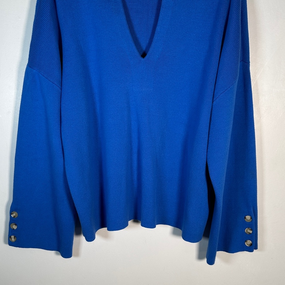 Loft Blue long-sleeved flared sweater, V-neck Size XL Cotton Casual Style - Picture 5 of 9